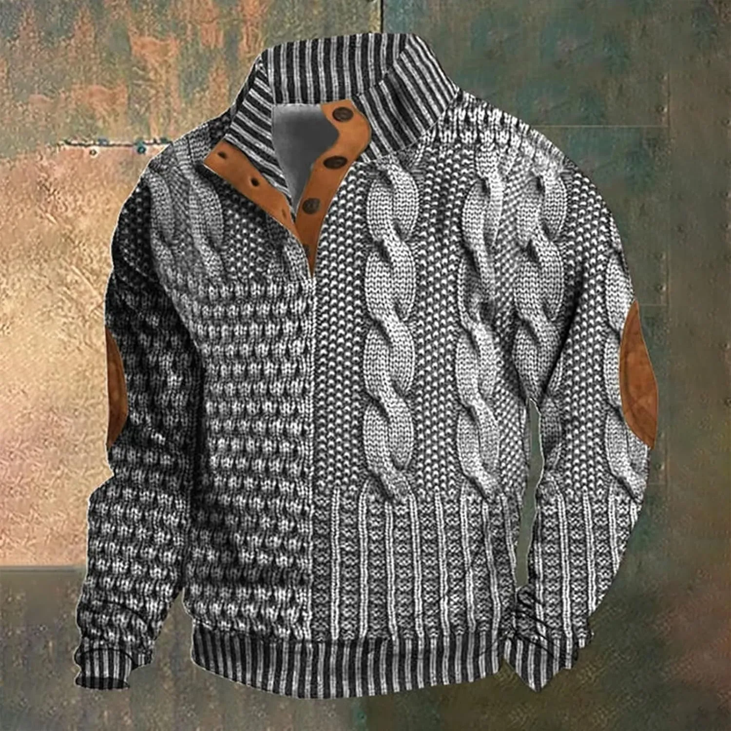 Mens Print Sweatshirts Elbow Patches Quarter Button Stand Collar Pullover Long Sleeve Casual Fall No Hood Sweaters