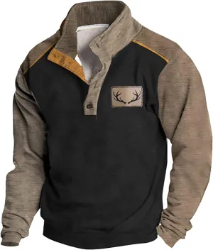 Mens Print Sweatshirts Elbow Patches Quarter Button Stand Collar Pullover Long Sleeve Casual Fall No Hood Sweaters