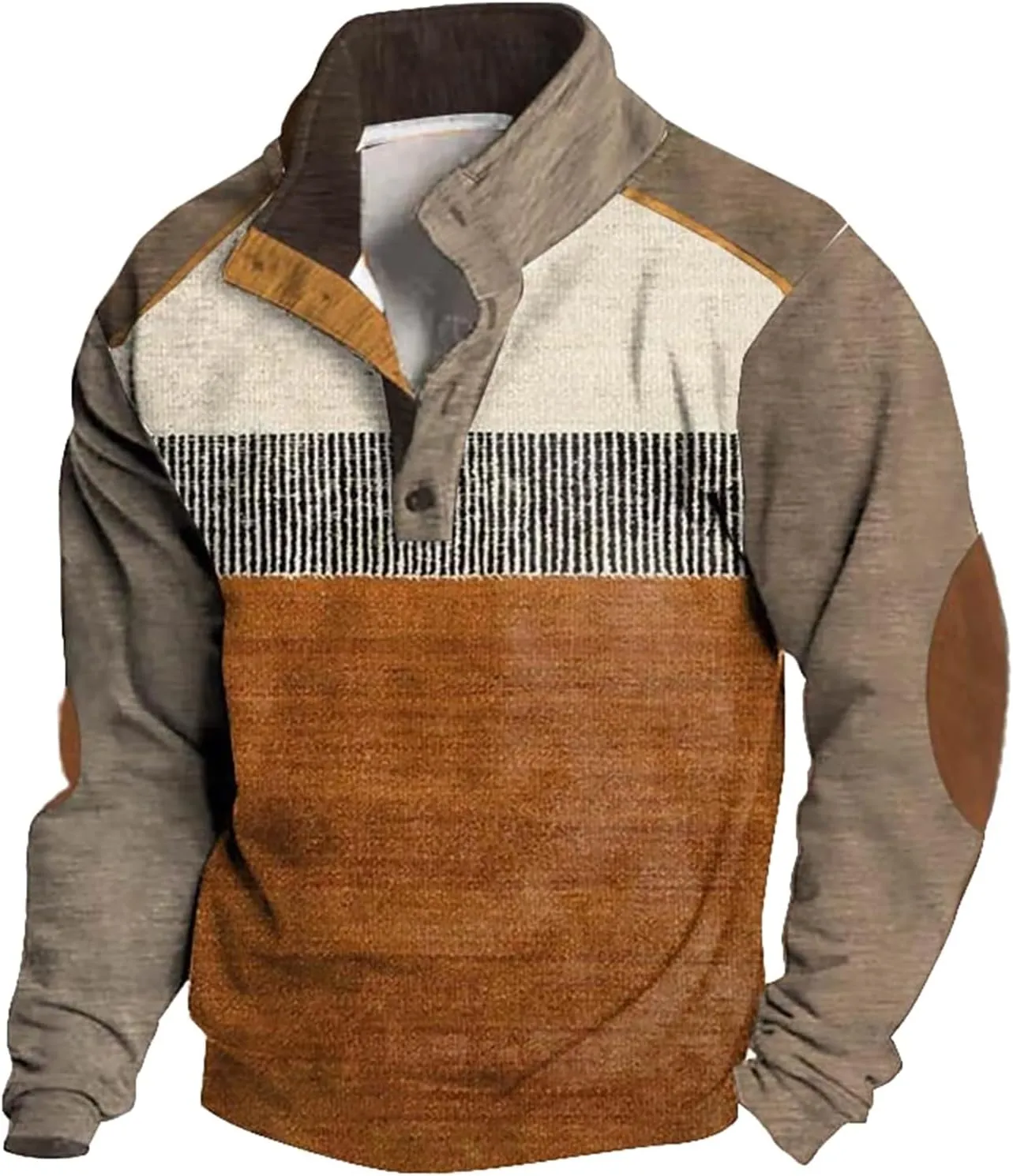 Mens Print Sweatshirts Elbow Patches Quarter Button Stand Collar Pullover Long Sleeve Casual Fall No Hood Sweaters