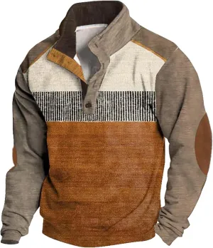 Mens Print Sweatshirts Elbow Patches Quarter Button Stand Collar Pullover Long Sleeve Casual Fall No Hood Sweaters