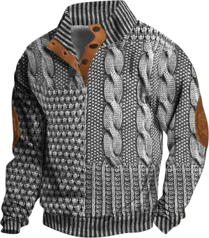 Mens Print Sweatshirts Elbow Patches Quarter Button Stand Collar Pullover Long Sleeve Casual Fall No Hood Sweaters