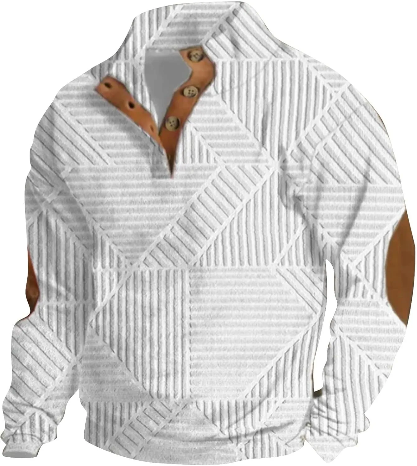Mens Print Sweatshirts Elbow Patches Quarter Button Stand Collar Pullover Long Sleeve Casual Fall No Hood Sweaters