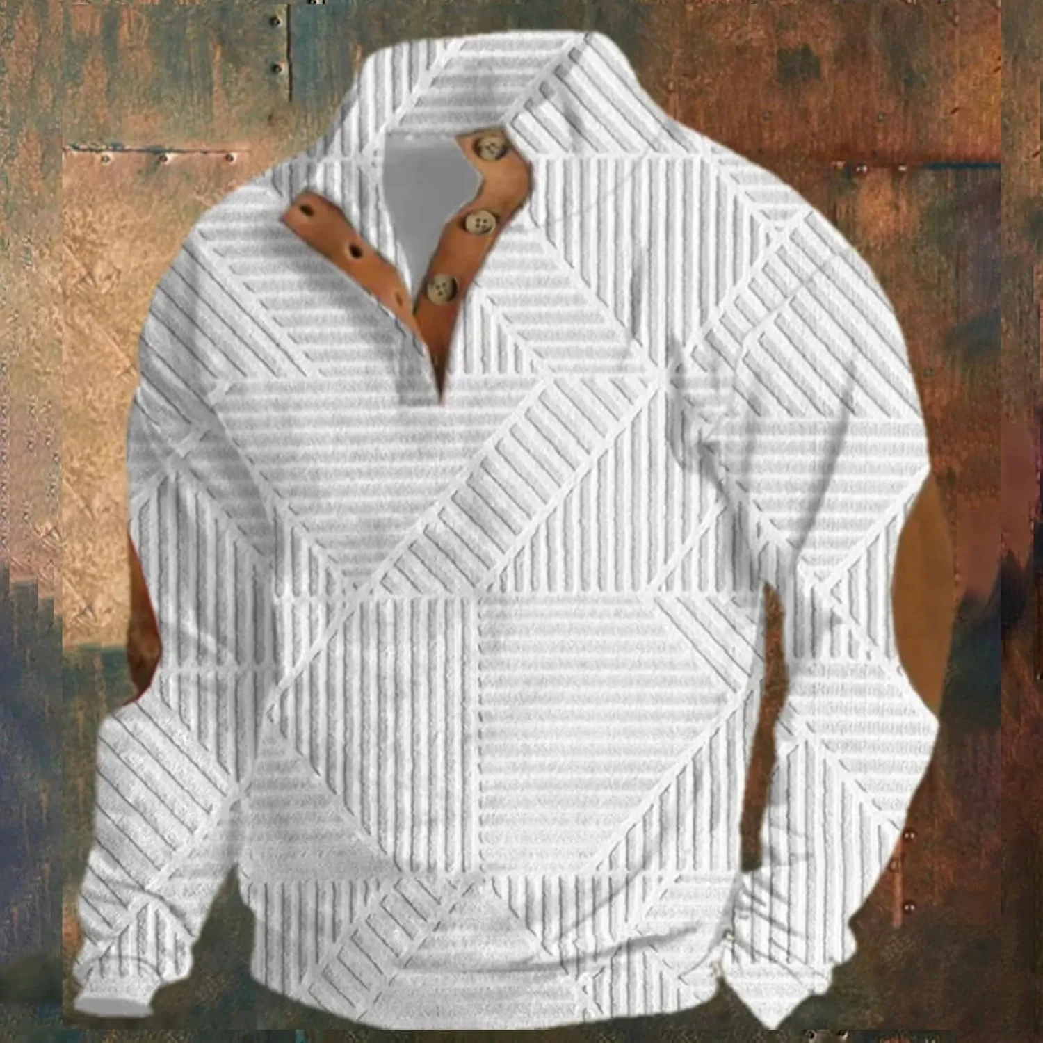 Mens Print Sweatshirts Elbow Patches Quarter Button Stand Collar Pullover Long Sleeve Casual Fall No Hood Sweaters