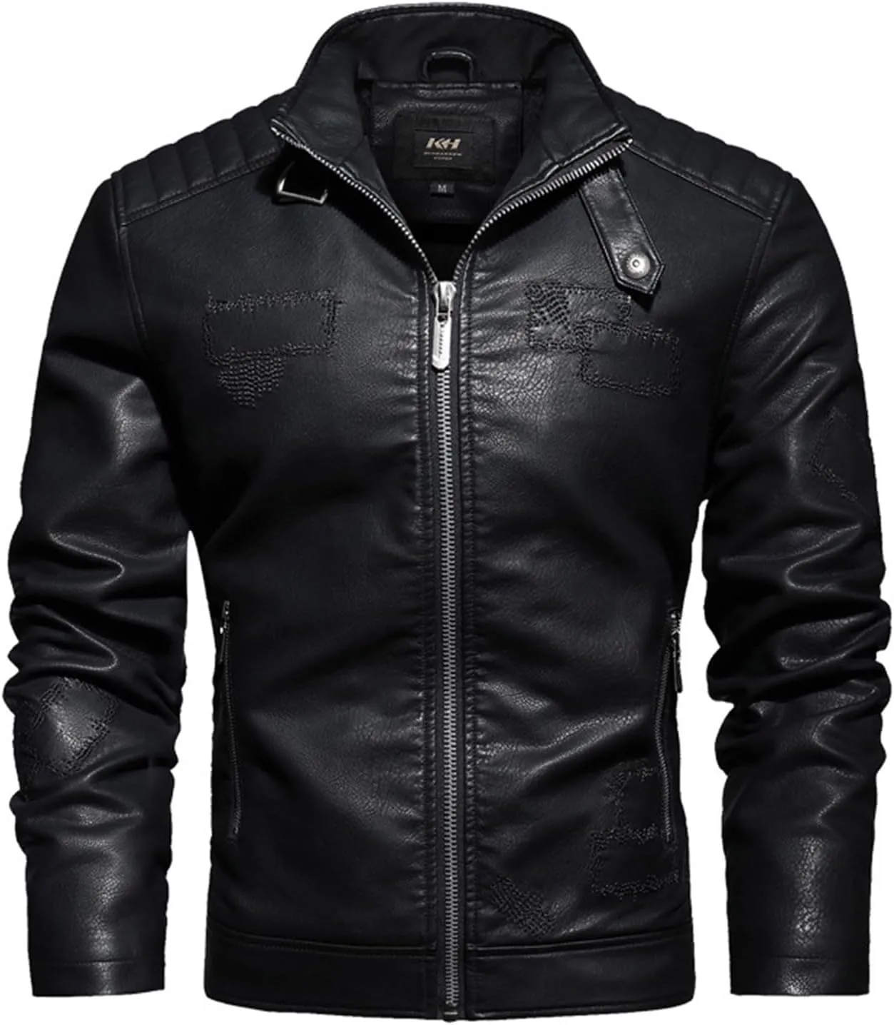 Men's Snap Collar PU Faux Leather Motorcycle Jacket Zip Up Vintage Jackets Thickened Warm Lined Coat with Removable Hoodie