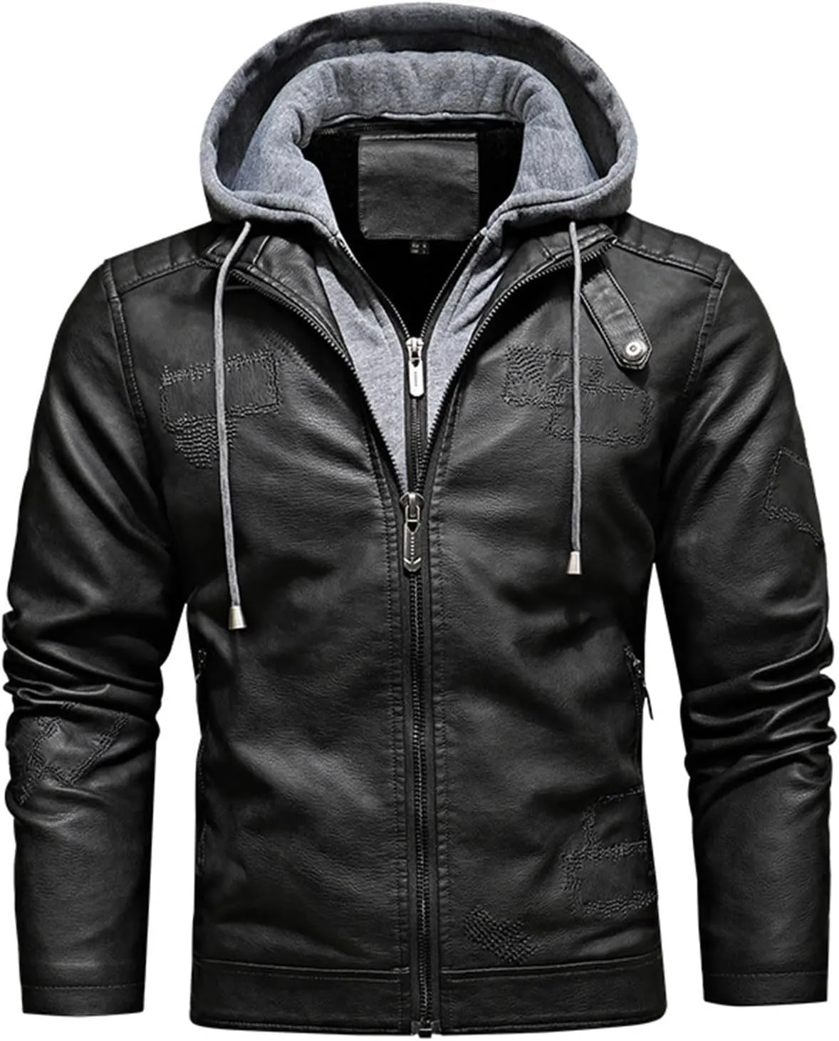 Men's Snap Collar PU Faux Leather Motorcycle Jacket Zip Up Vintage Jackets Thickened Warm Lined Coat with Removable Hoodie