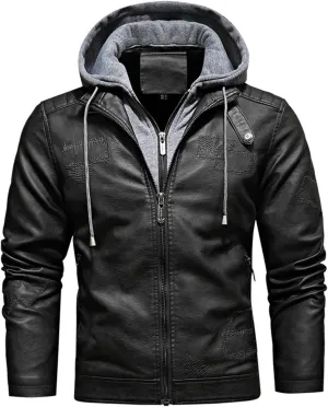 Men's Snap Collar PU Faux Leather Motorcycle Jacket Zip Up Vintage Jackets Thickened Warm Lined Coat with Removable Hoodie