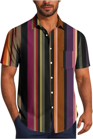 Men's Summer Loose Lapel Business Dress Shirts Vintage Striped Short Sleeve Button Down Stylish Casual Beach Shirt