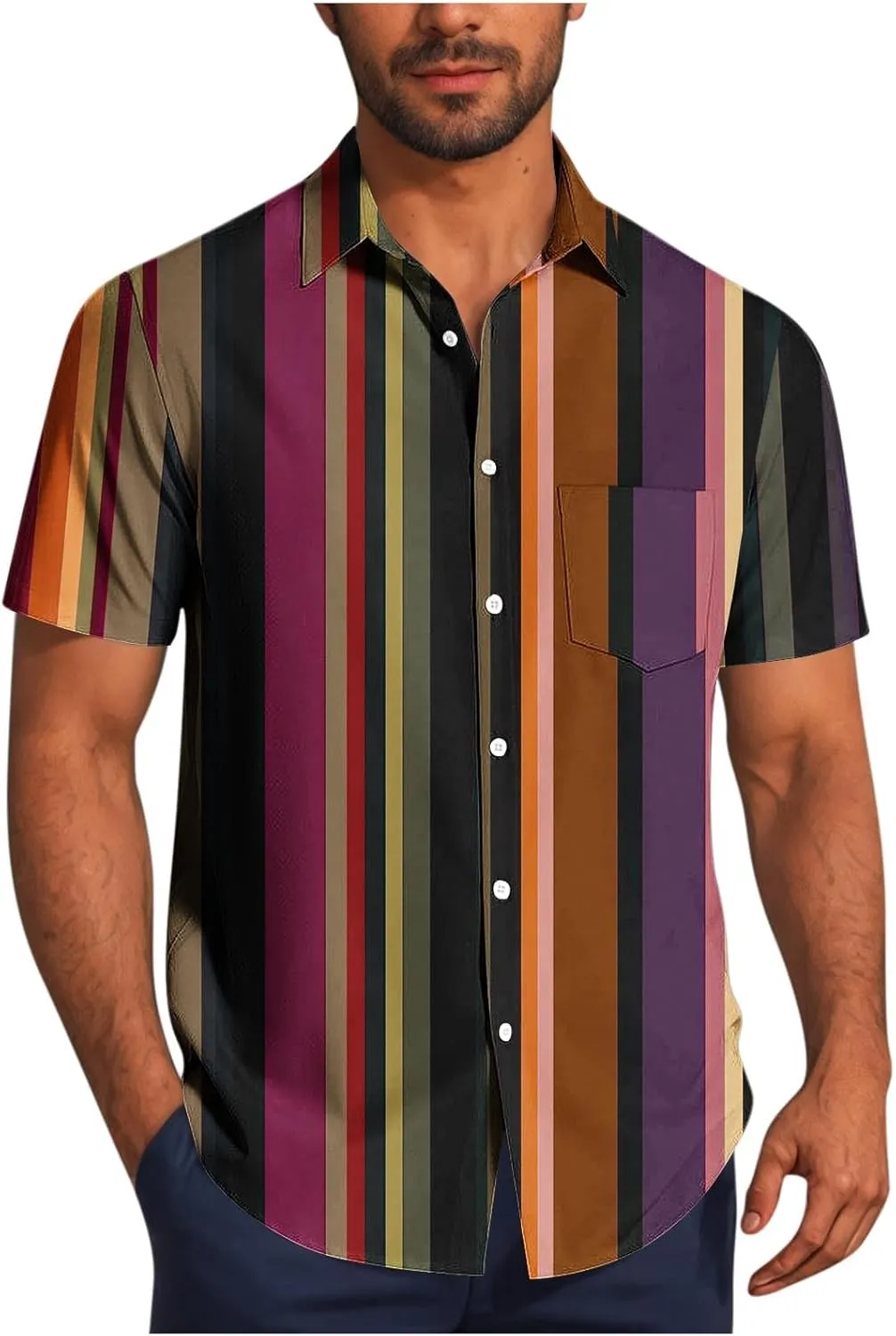 Men's Summer Loose Lapel Business Dress Shirts Vintage Striped Short Sleeve Button Down Stylish Casual Beach Shirt