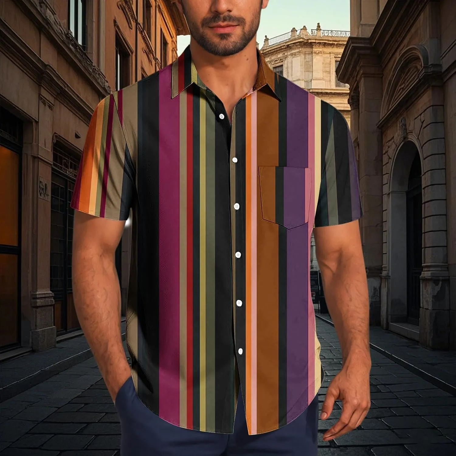 Men's Summer Loose Lapel Business Dress Shirts Vintage Striped Short Sleeve Button Down Stylish Casual Beach Shirt