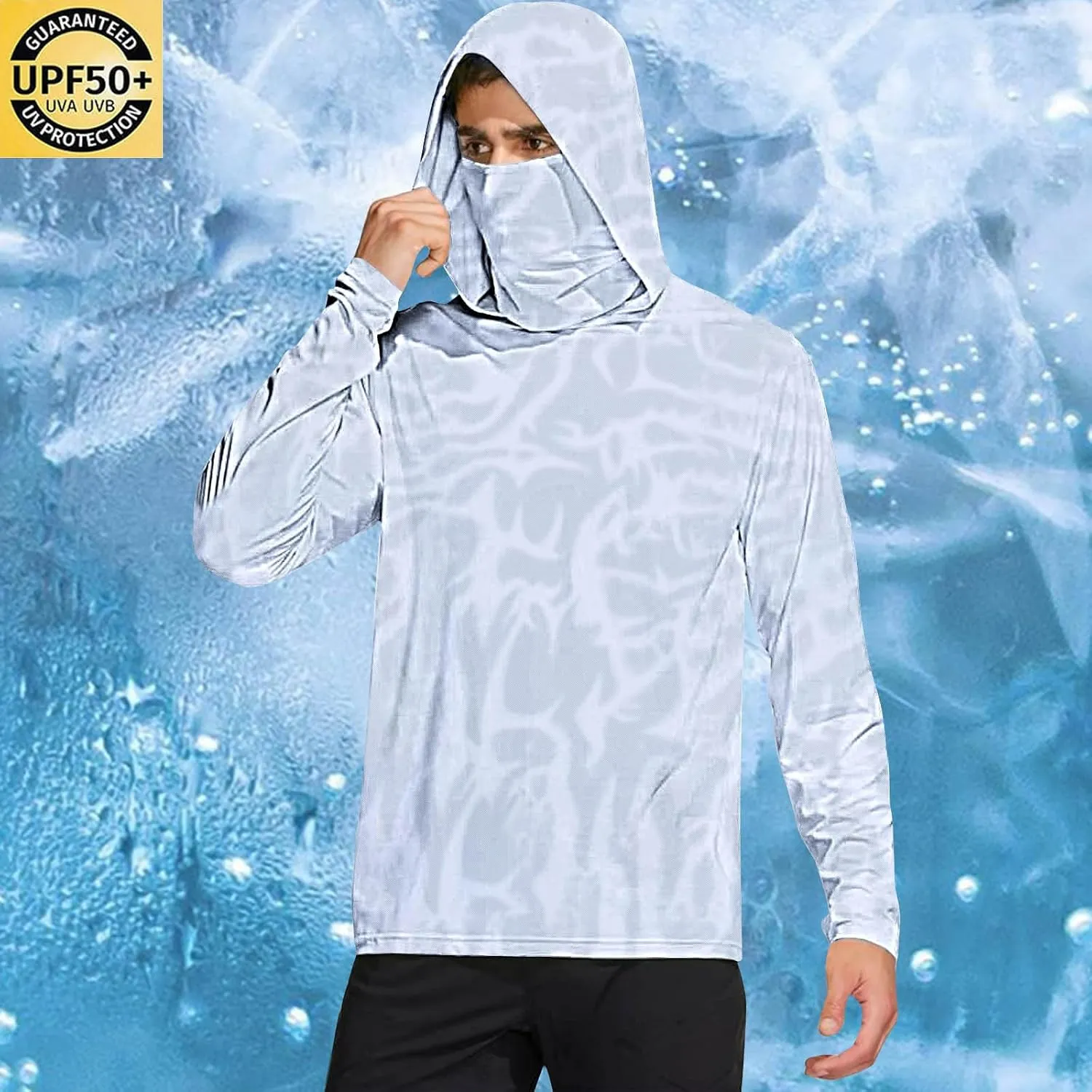 Mens UPF 50  Sun Protection Shirts Lightweight Quick Dry Long Sleeve Rash Guard Workout Cooling Shirt with Face Mask