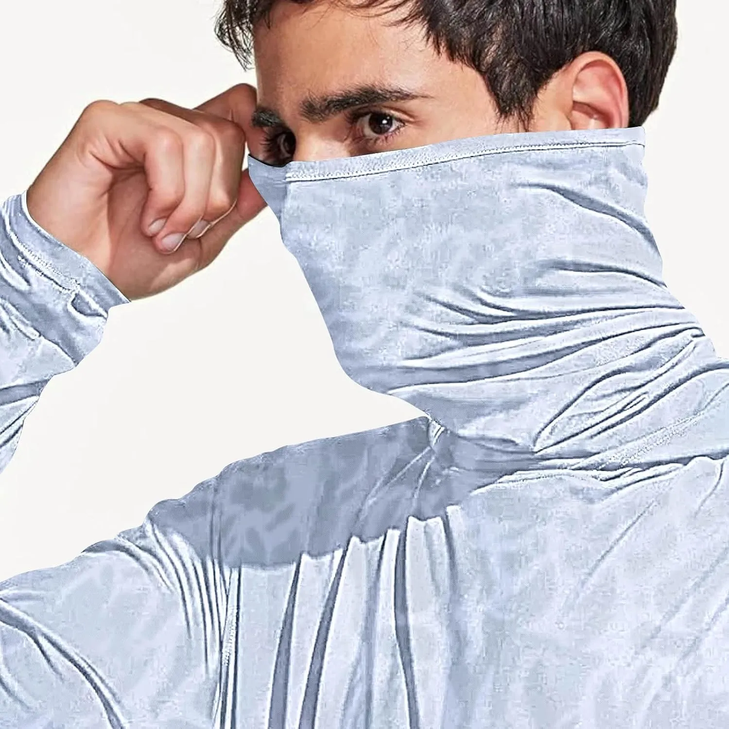 Mens UPF 50  Sun Protection Shirts Lightweight Quick Dry Long Sleeve Rash Guard Workout Cooling Shirt with Face Mask