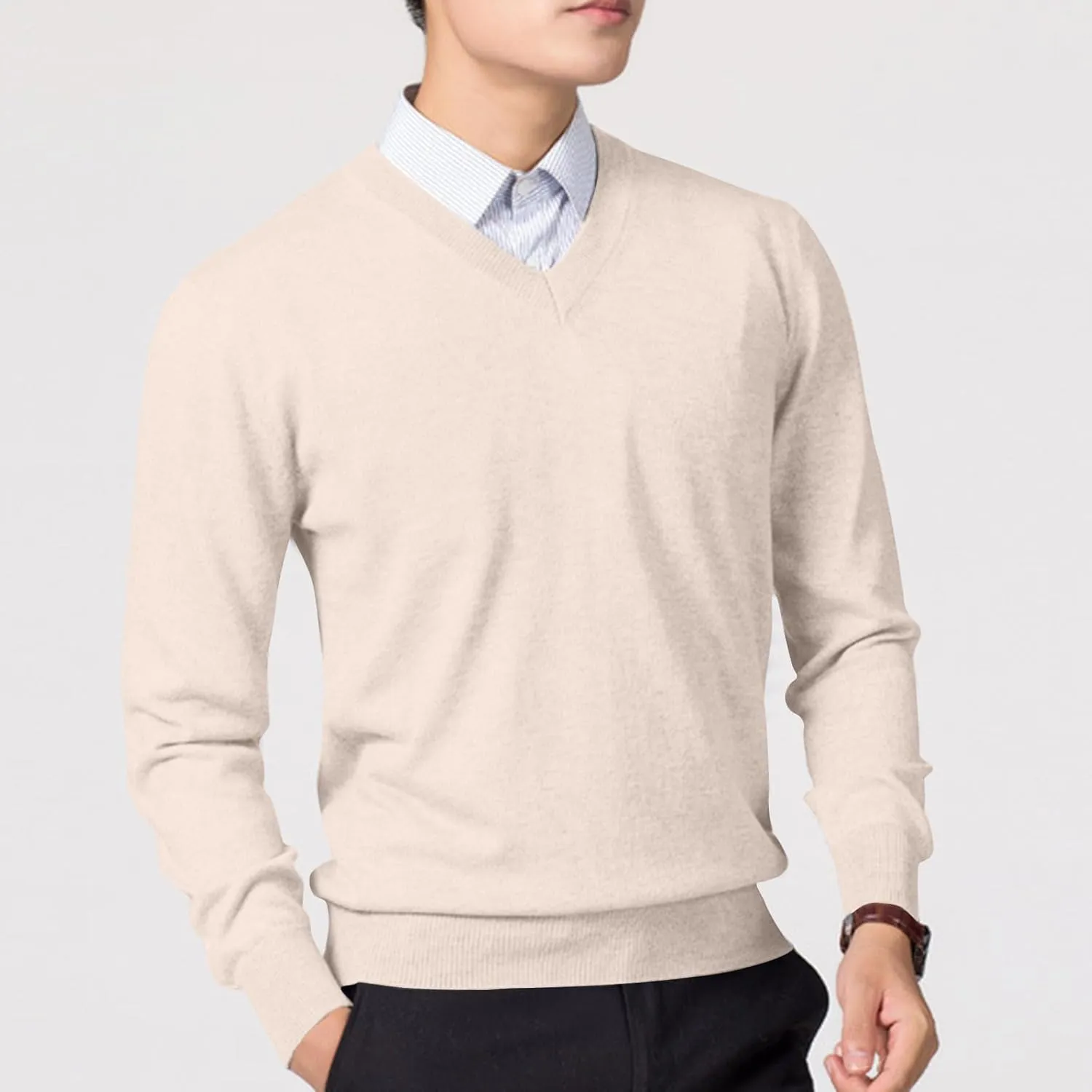 Men's V Neck Long Sleeve Sweater Business Casual Slim Fit Pullover Fall Winter Lightweight Soft Sweaters Solid Basic