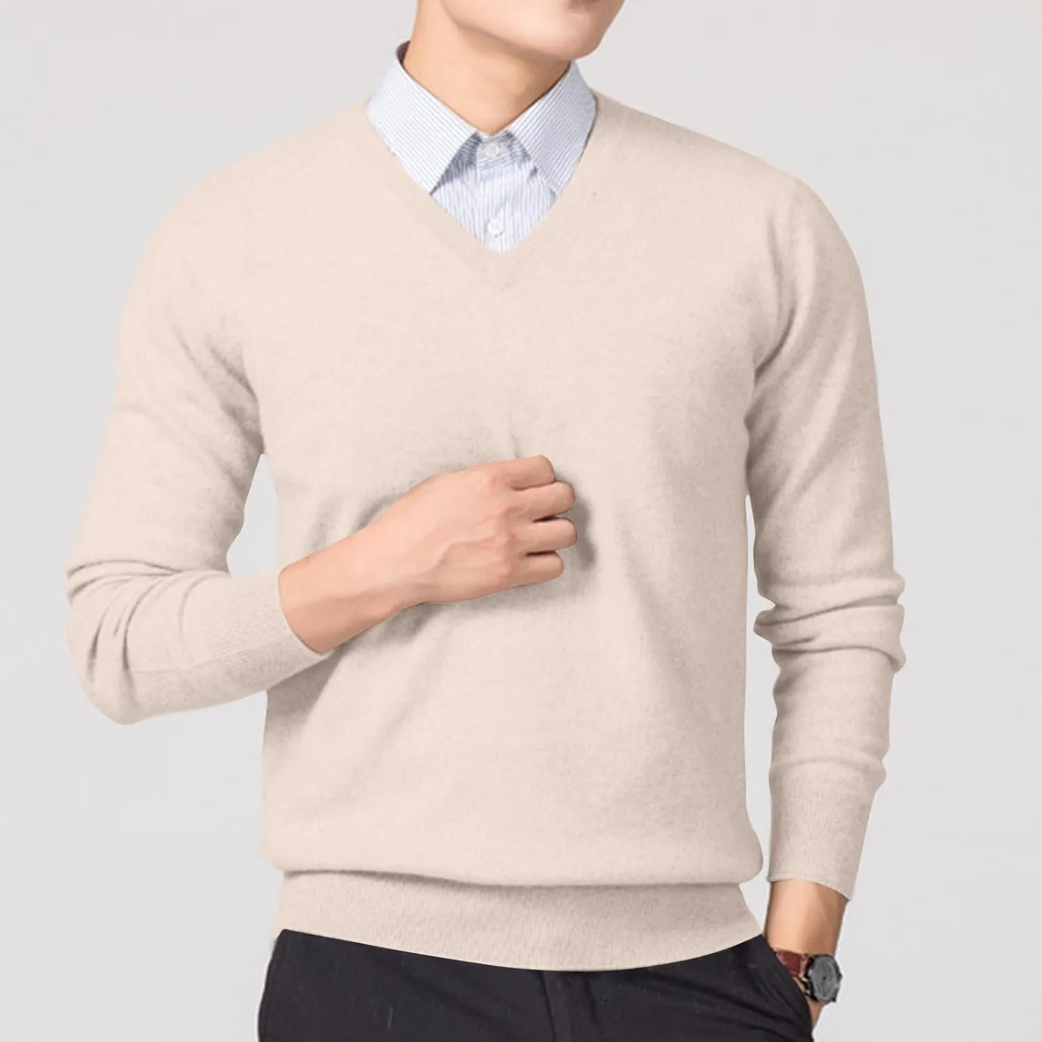 Men's V Neck Long Sleeve Sweater Business Casual Slim Fit Pullover Fall Winter Lightweight Soft Sweaters Solid Basic
