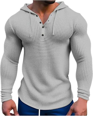 Mens Waffle Muscle Fit Hoodies Long Sleeve Gym Fitness Sweatshirt Drawstring Workout Pullover Top
