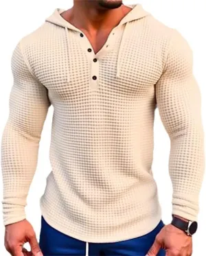 Mens Waffle Muscle Fit Hoodies Long Sleeve Gym Fitness Sweatshirt Drawstring Workout Pullover Top