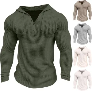 Mens Waffle Muscle Fit Hoodies Long Sleeve Gym Fitness Sweatshirt Drawstring Workout Pullover Top