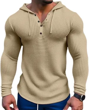 Mens Waffle Muscle Fit Hoodies Long Sleeve Gym Fitness Sweatshirt Drawstring Workout Pullover Top