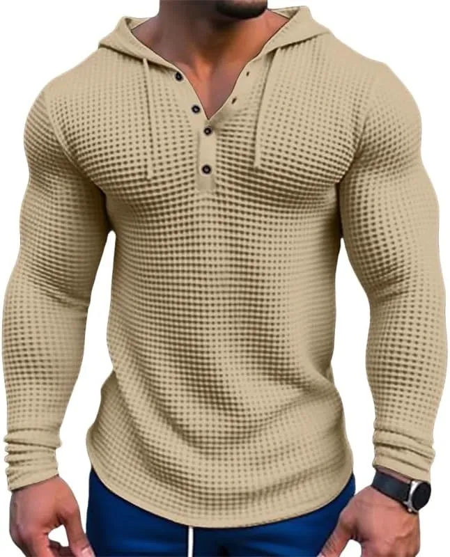Mens Waffle Muscle Fit Hoodies Long Sleeve Gym Fitness Sweatshirt Drawstring Workout Pullover Top