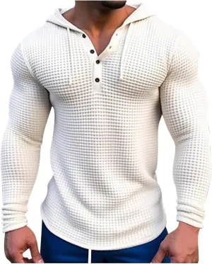 Mens Waffle Muscle Fit Hoodies Long Sleeve Gym Fitness Sweatshirt Drawstring Workout Pullover Top