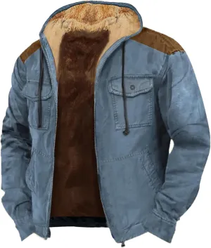 Men's Winter Coat Cowboy Warm Fleece Lined Jacket Full Zip Up Thick Heavyweight Hoodie Vintage Casual Jacket