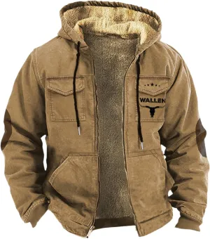 Men's Winter Coat Cowboy Warm Fleece Lined Jacket Full Zip Up Thick Heavyweight Hoodie Vintage Casual Jacket