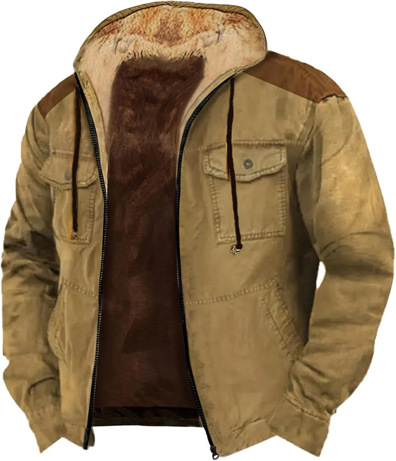 Men's Winter Coat Cowboy Warm Fleece Lined Jacket Full Zip Up Thick Heavyweight Hoodie Vintage Casual Jacket