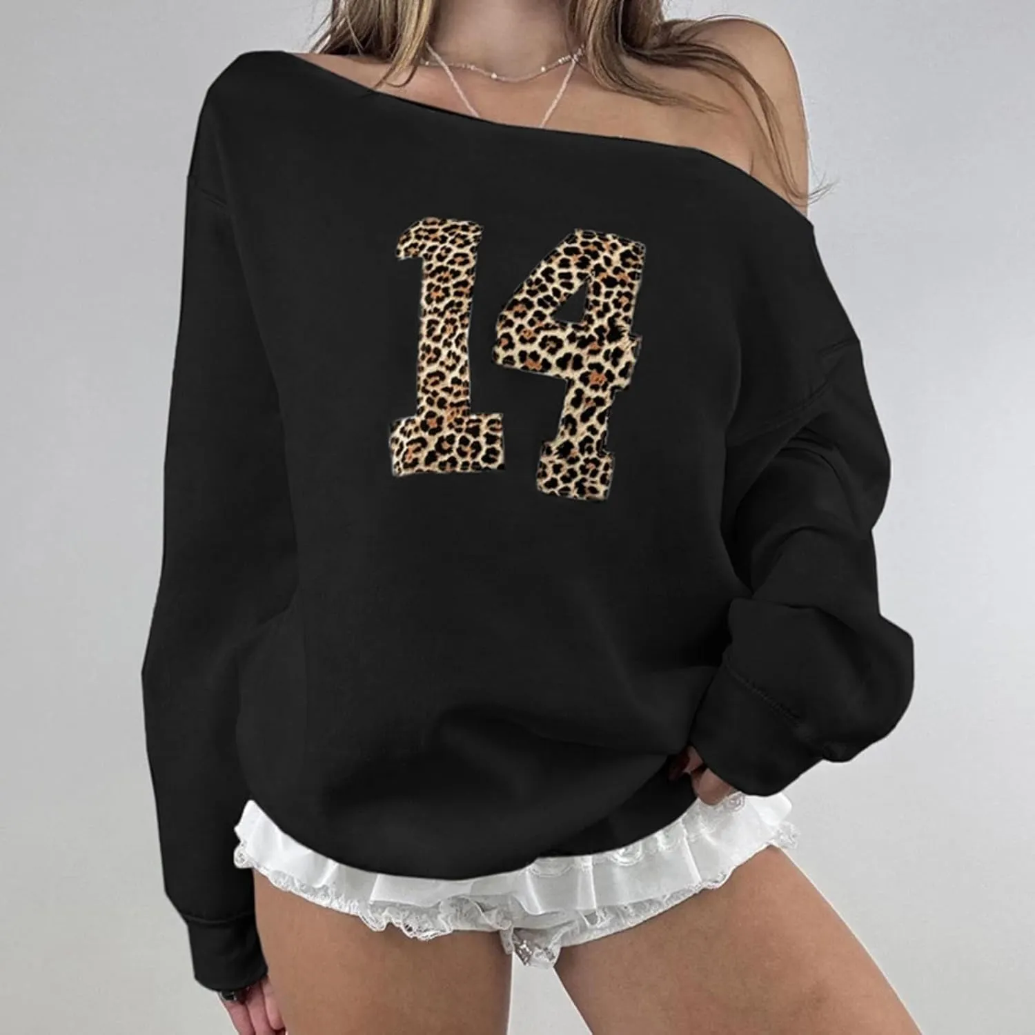 Number 14 Off Shoulder Oversized Sweatshirt Women Long Sleeve Leopard Graphic Jerseys Y2k Pullover Streetwear