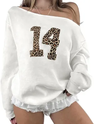 Number 14 Off Shoulder Oversized Sweatshirt Women Long Sleeve Leopard Graphic Jerseys Y2k Pullover Streetwear