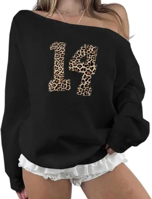 Number 14 Off Shoulder Oversized Sweatshirt Women Long Sleeve Leopard Graphic Jerseys Y2k Pullover Streetwear