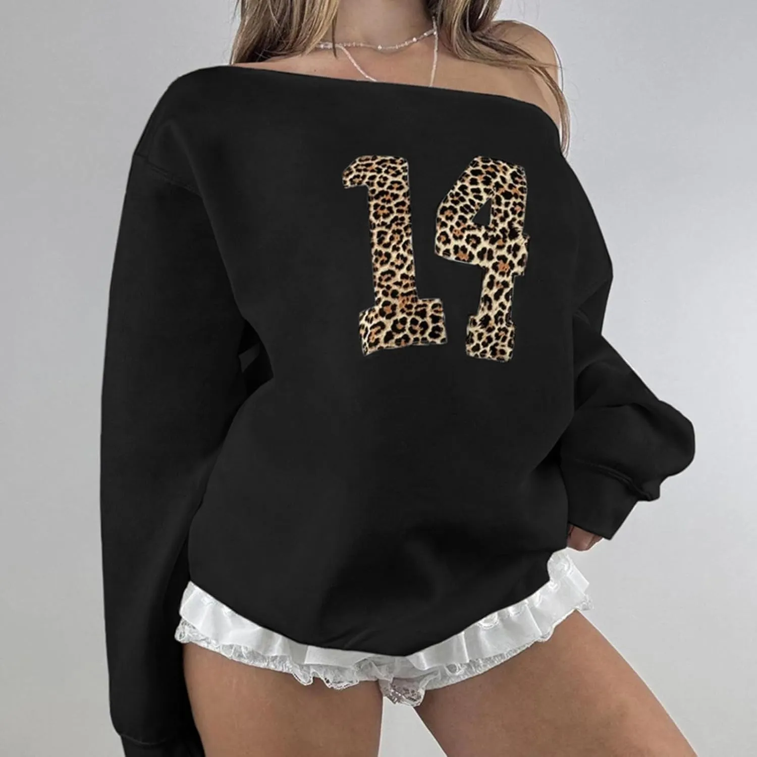 Number 14 Off Shoulder Oversized Sweatshirt Women Long Sleeve Leopard Graphic Jerseys Y2k Pullover Streetwear