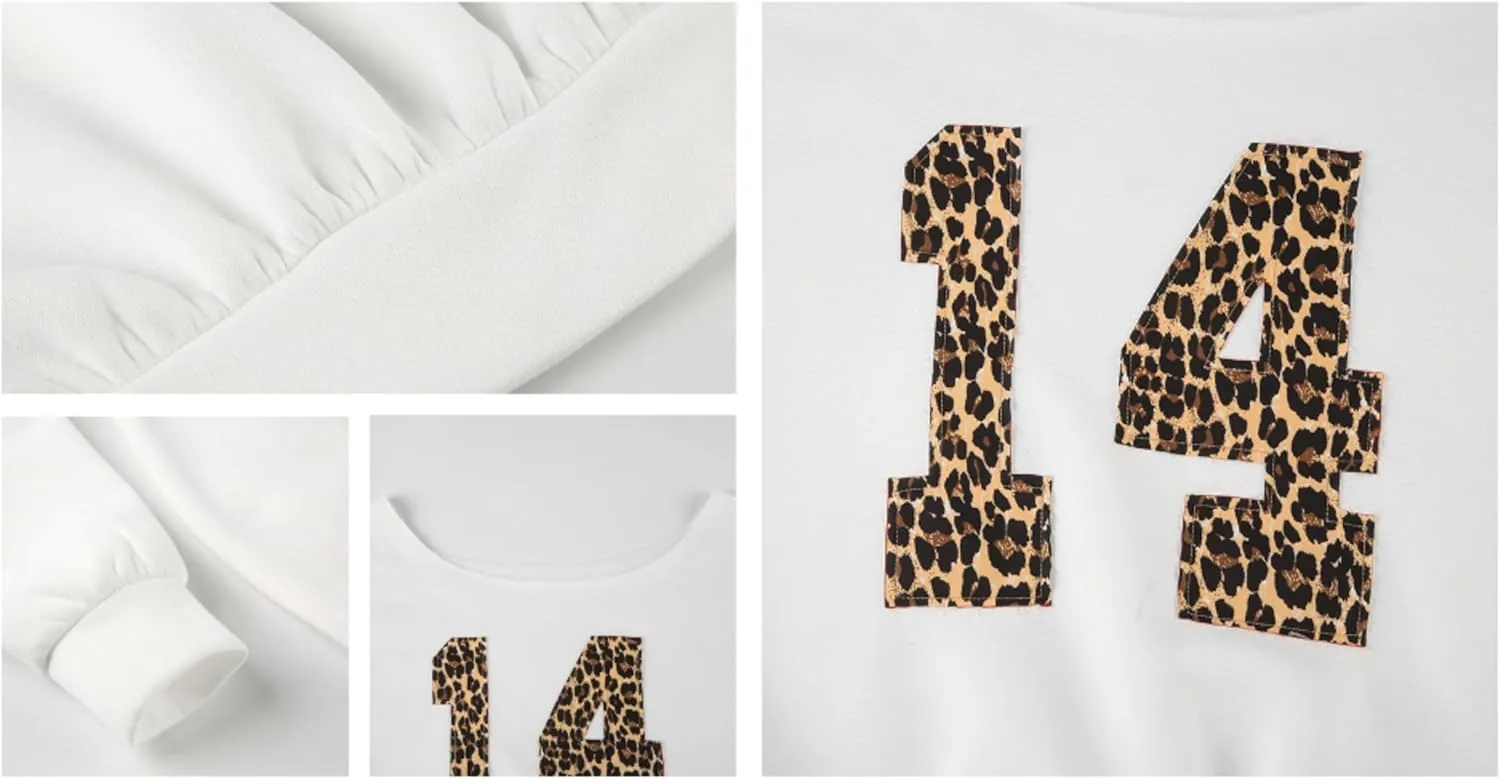Number 14 Off Shoulder Oversized Sweatshirt Women Long Sleeve Leopard Graphic Jerseys Y2k Pullover Streetwear