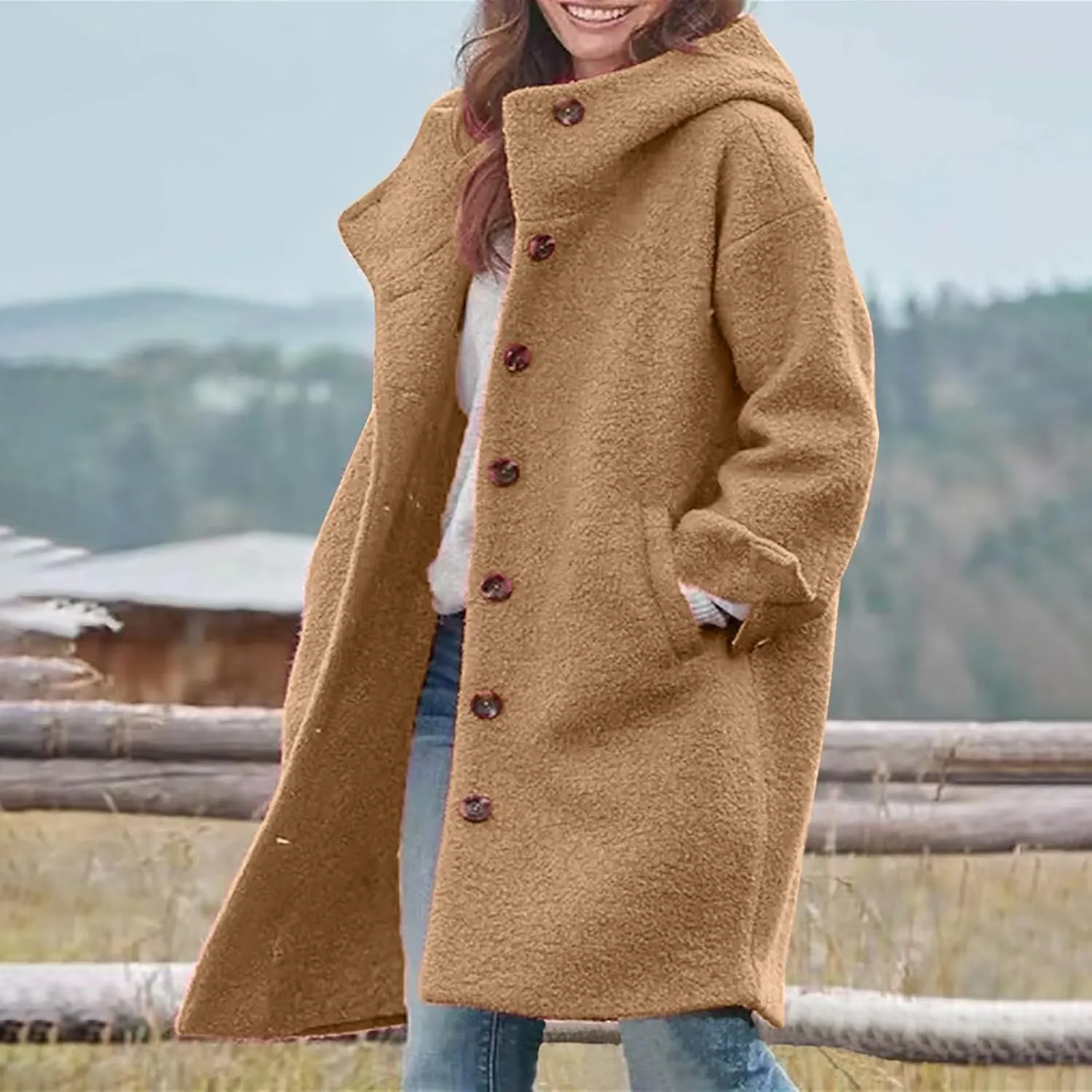Oversized Long Sleeve Overcoat for Women Thermal Sherpa Fleece Lined Casual Outwears Trendy Solid Color Button Jacket