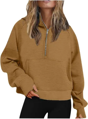 Oversized Sweatshirt for Women Fleece Lined Cropped Hoodies Half Zip Pullover Long Sleeve Workout Sweatshirt Pockets