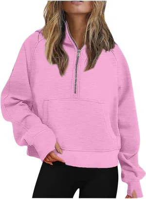 Oversized Sweatshirt for Women Fleece Lined Cropped Hoodies Half Zip Pullover Long Sleeve Workout Sweatshirt Pockets