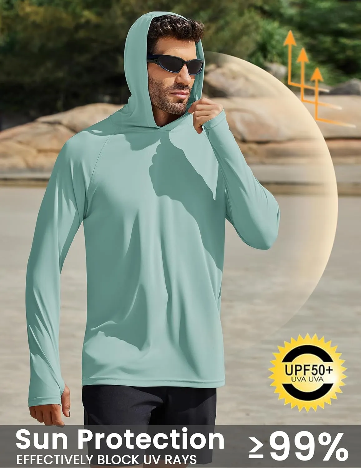 PINSPARK Men's UPF 50  Long Sleeve Rash Guard - Sun Protection Hoodie UV SPF Fishing Shirt for Athletic Running Swim Hiking