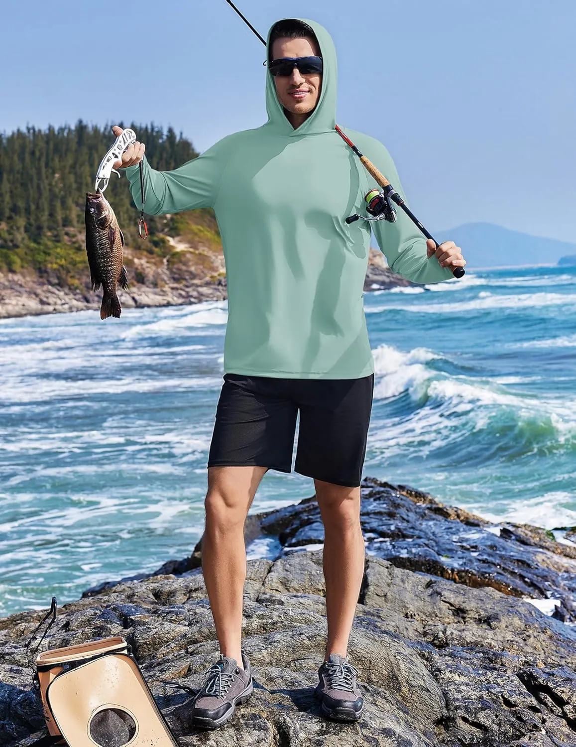 PINSPARK Men's UPF 50  Long Sleeve Rash Guard - Sun Protection Hoodie UV SPF Fishing Shirt for Athletic Running Swim Hiking