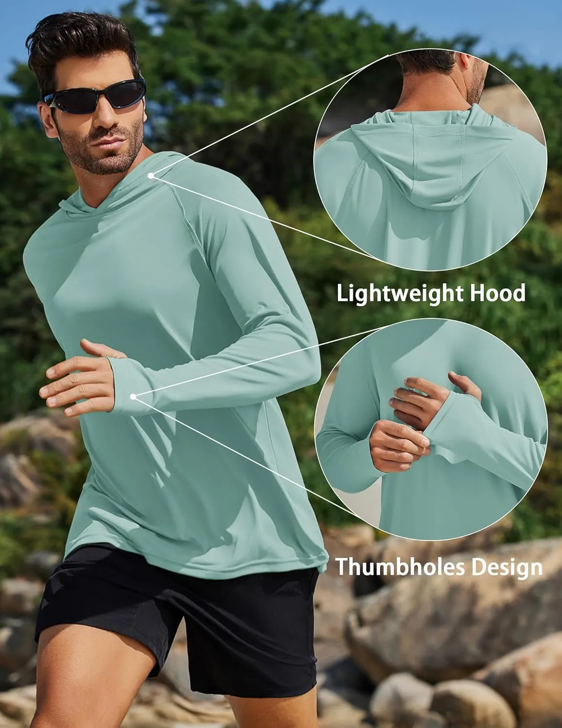 PINSPARK Men's UPF 50  Long Sleeve Rash Guard - Sun Protection Hoodie UV SPF Fishing Shirt for Athletic Running Swim Hiking