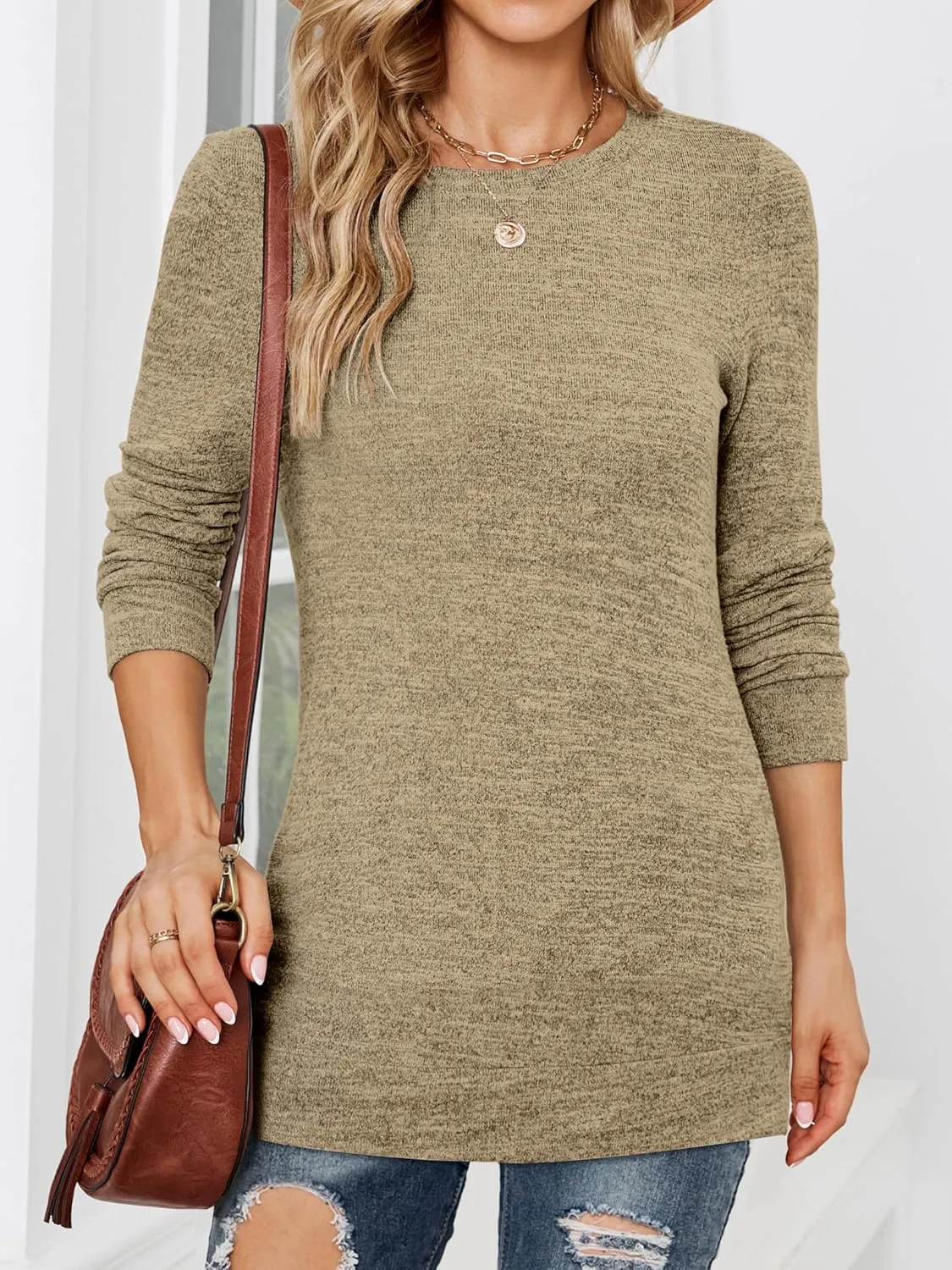 POGTMM Women Long Sleeve Tunic Tops to Wear with Leggings Casual Loose Fit Crew Neck T-Shirts Tops Blouse