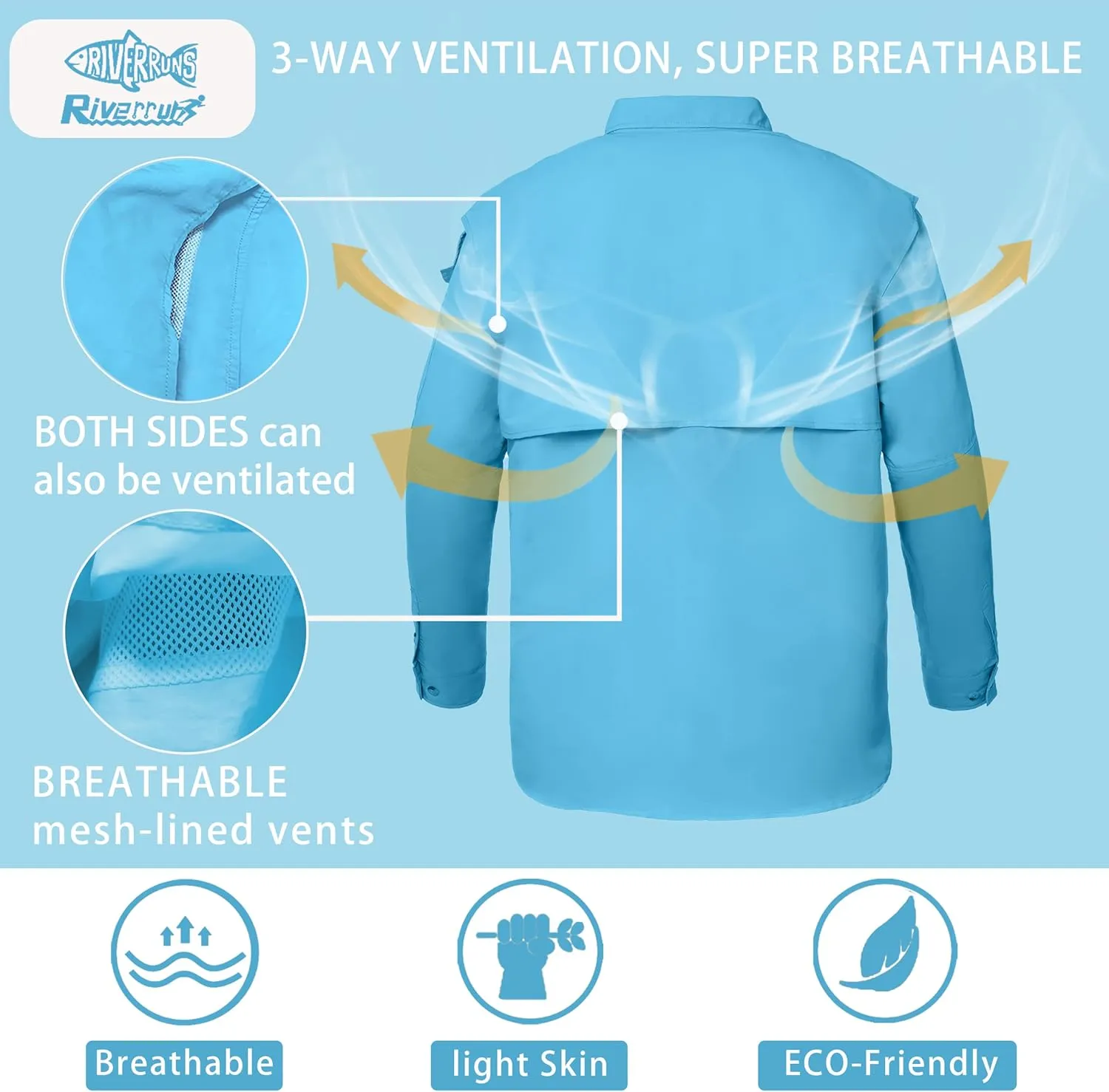 Riverruns UPF 50  Men's Fishing Shirts Long Sleeve UV Protection Shirts Water-Repellent for Hiking, Fishing, Camping