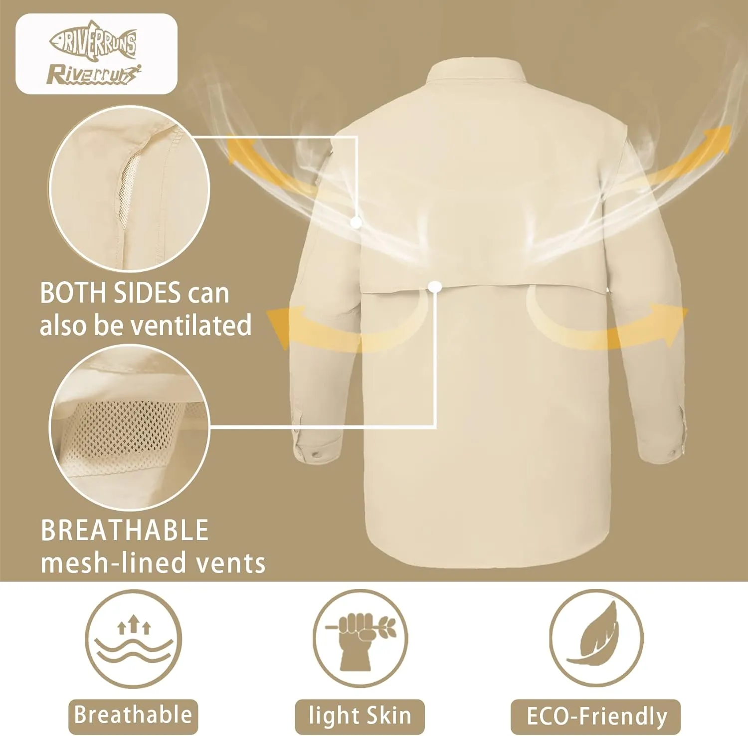 Riverruns UPF 50  Men's Fishing Shirts Long Sleeve UV Protection Shirts Water-Repellent for Hiking, Fishing, Camping