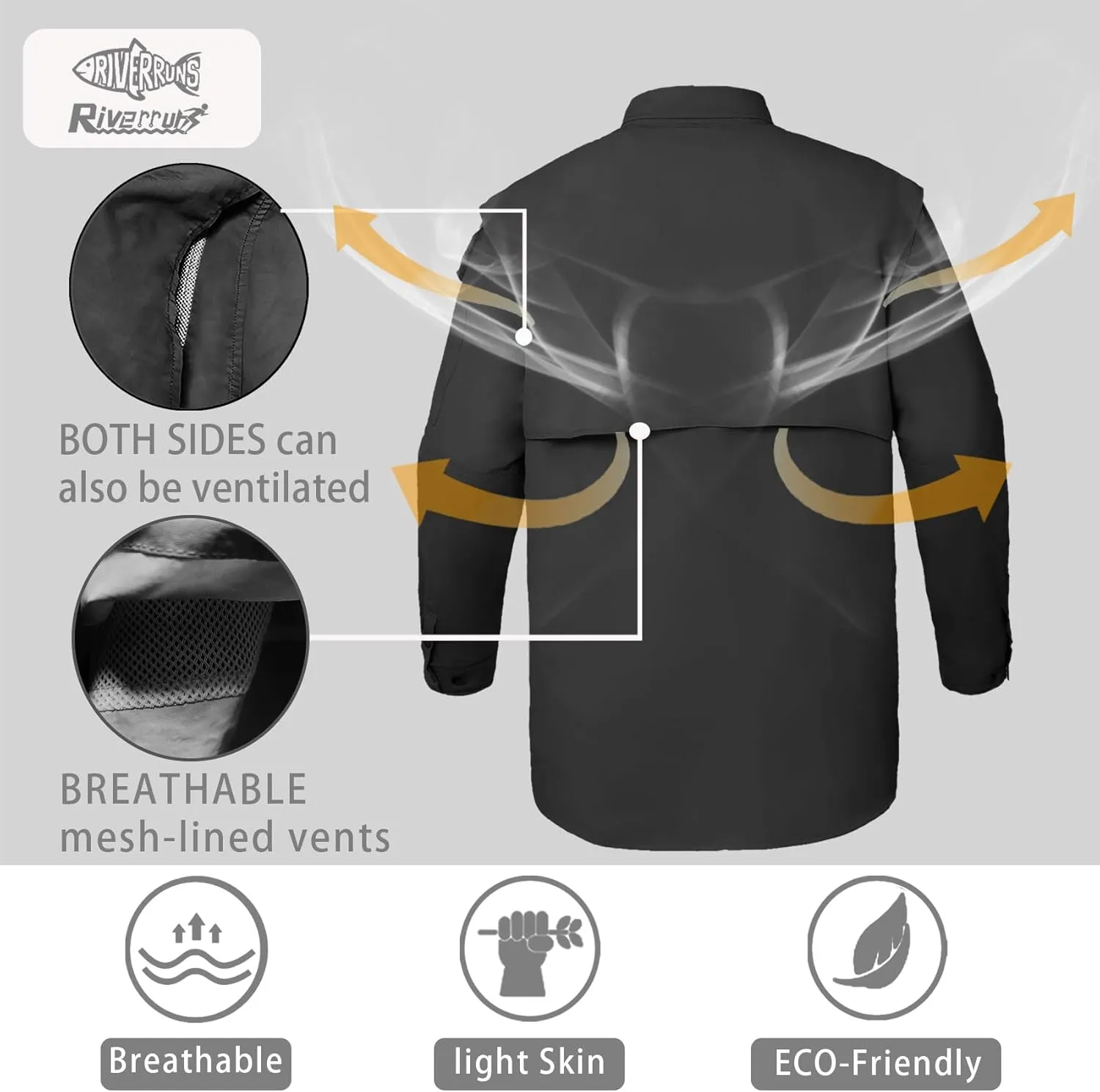 Riverruns UPF 50  Men's Fishing Shirts Long Sleeve UV Protection Shirts Water-Repellent for Hiking, Fishing, Camping