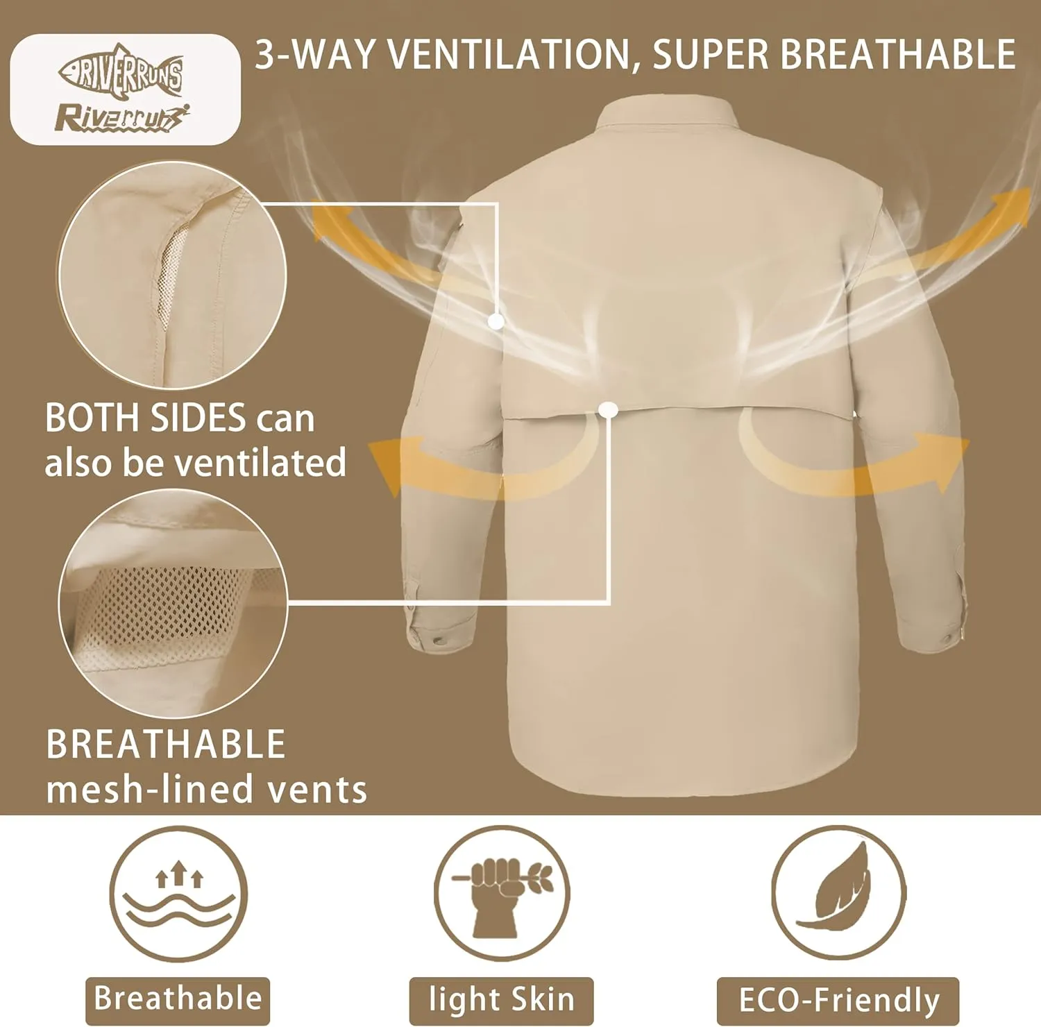 Riverruns UPF 50  Men's Fishing Shirts Long Sleeve UV Protection Shirts Water-Repellent for Hiking, Fishing, Camping