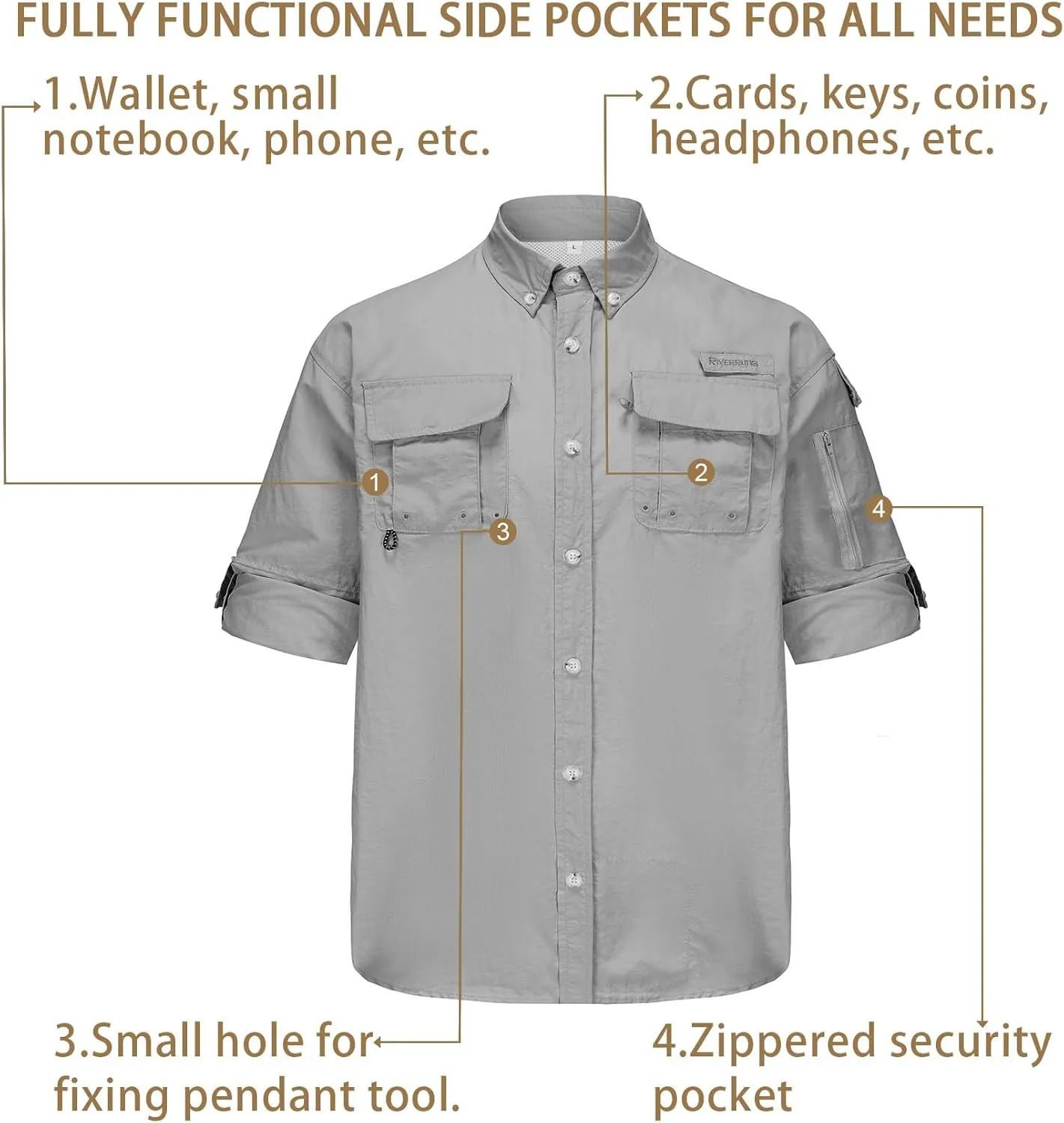 Riverruns UPF 50  Men's Fishing Shirts Long Sleeve UV Protection Shirts Water-Repellent for Hiking, Fishing, Camping