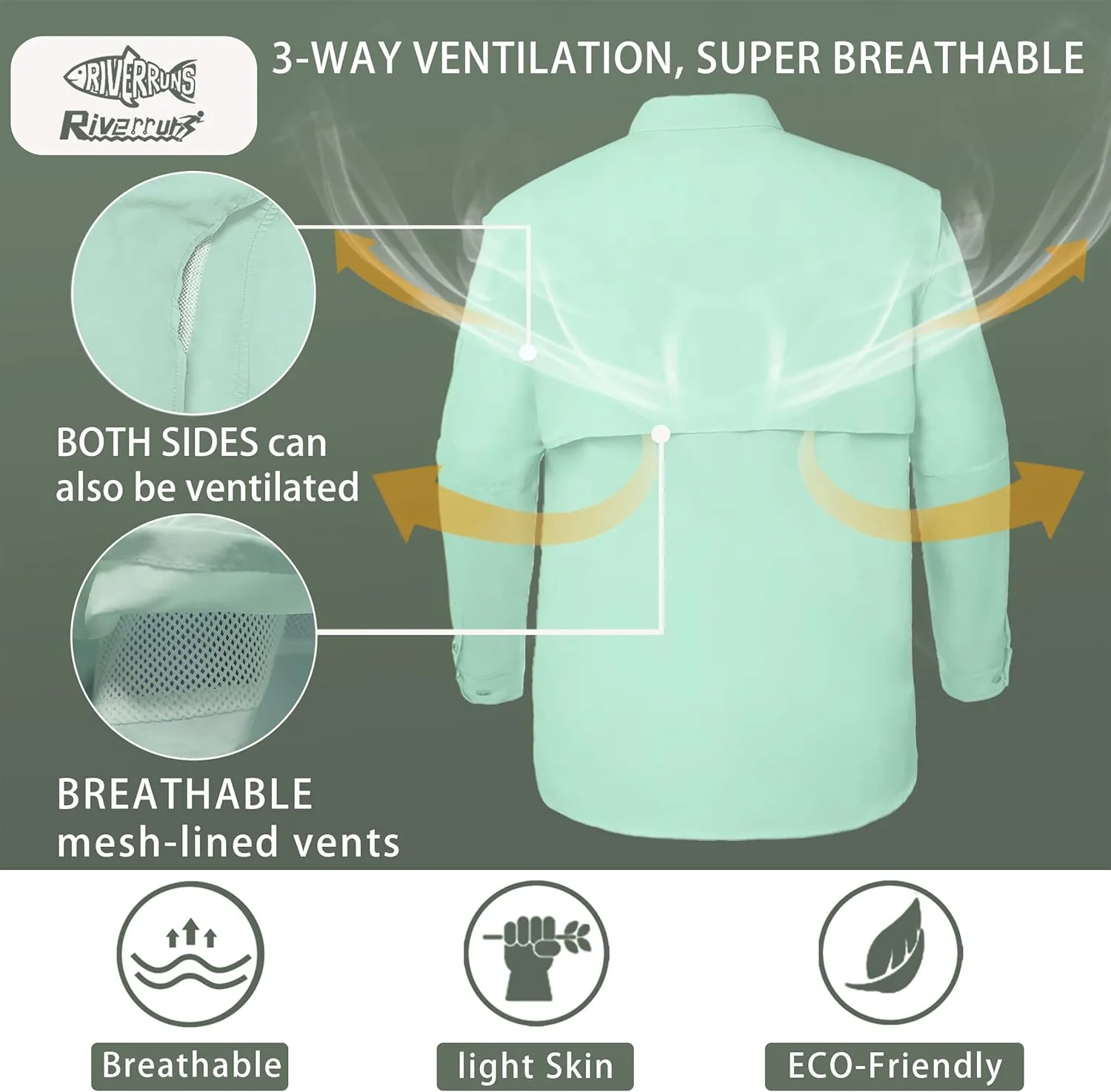 Riverruns UPF 50  Men's Fishing Shirts Long Sleeve UV Protection Shirts Water-Repellent for Hiking, Fishing, Camping