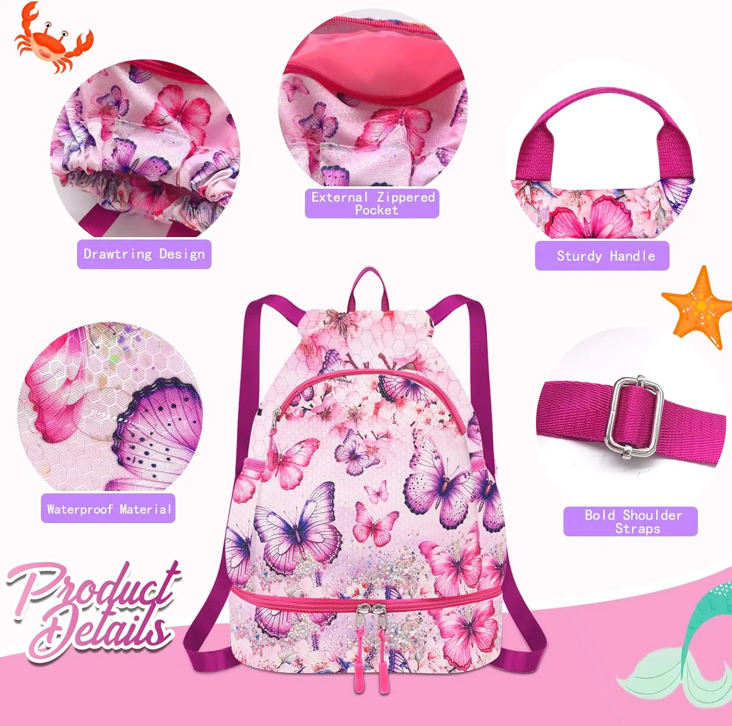 RLGPBON Drawstring Backpack for Kids,Youth Gym Dance Beach Swim Travel Bag for Girls and Boys with Two Water Bottle Holders