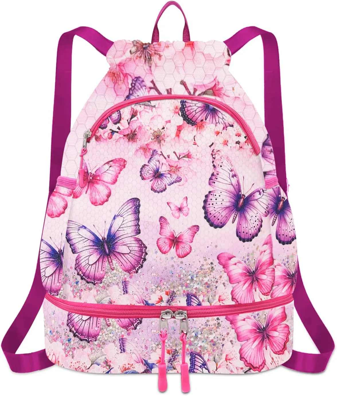 RLGPBON Drawstring Backpack for Kids,Youth Gym Dance Beach Swim Travel Bag for Girls and Boys with Two Water Bottle Holders