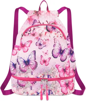 RLGPBON Drawstring Backpack for Kids,Youth Gym Dance Beach Swim Travel Bag for Girls and Boys with Two Water Bottle Holders