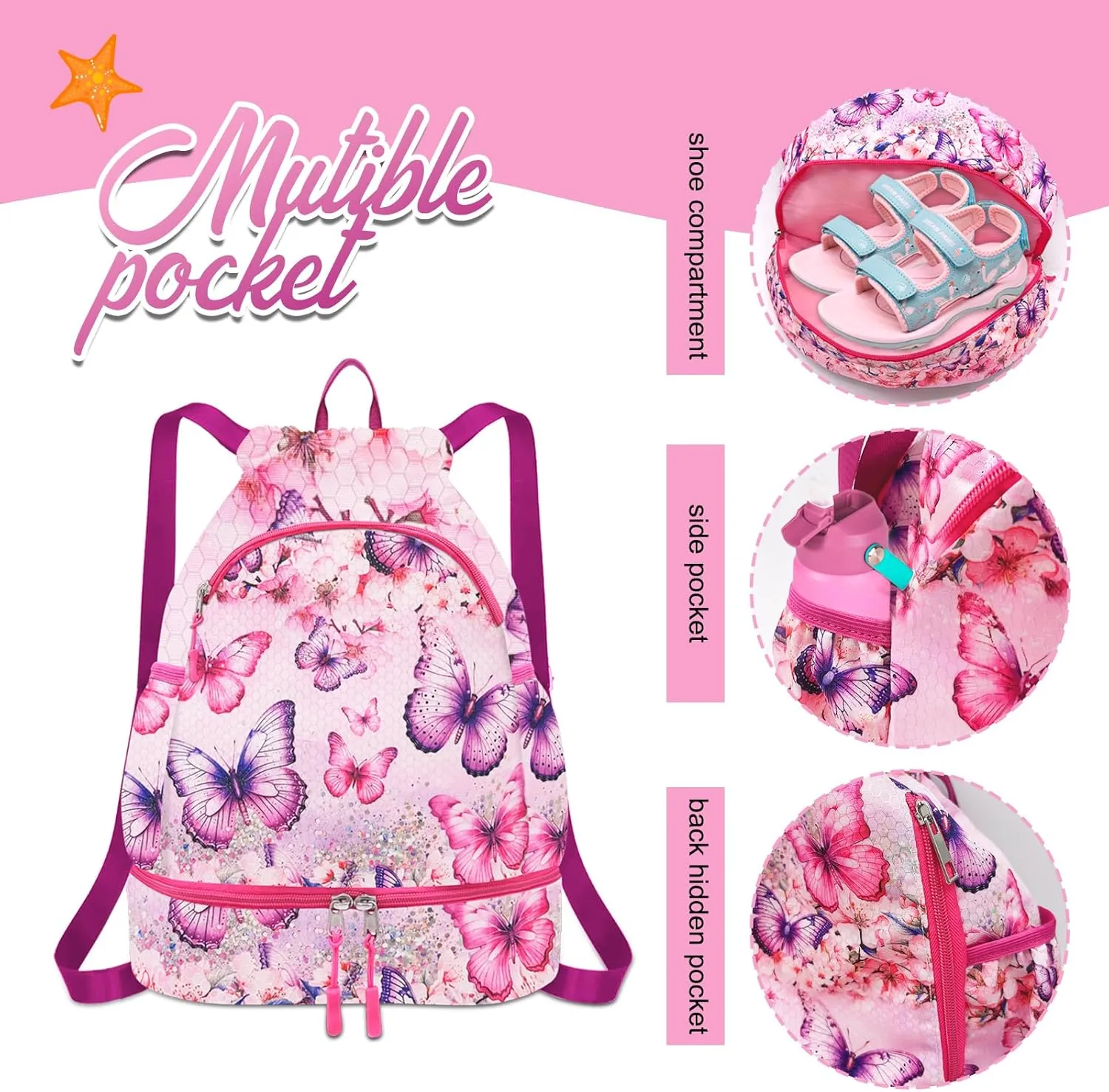 RLGPBON Drawstring Backpack for Kids,Youth Gym Dance Beach Swim Travel Bag for Girls and Boys with Two Water Bottle Holders