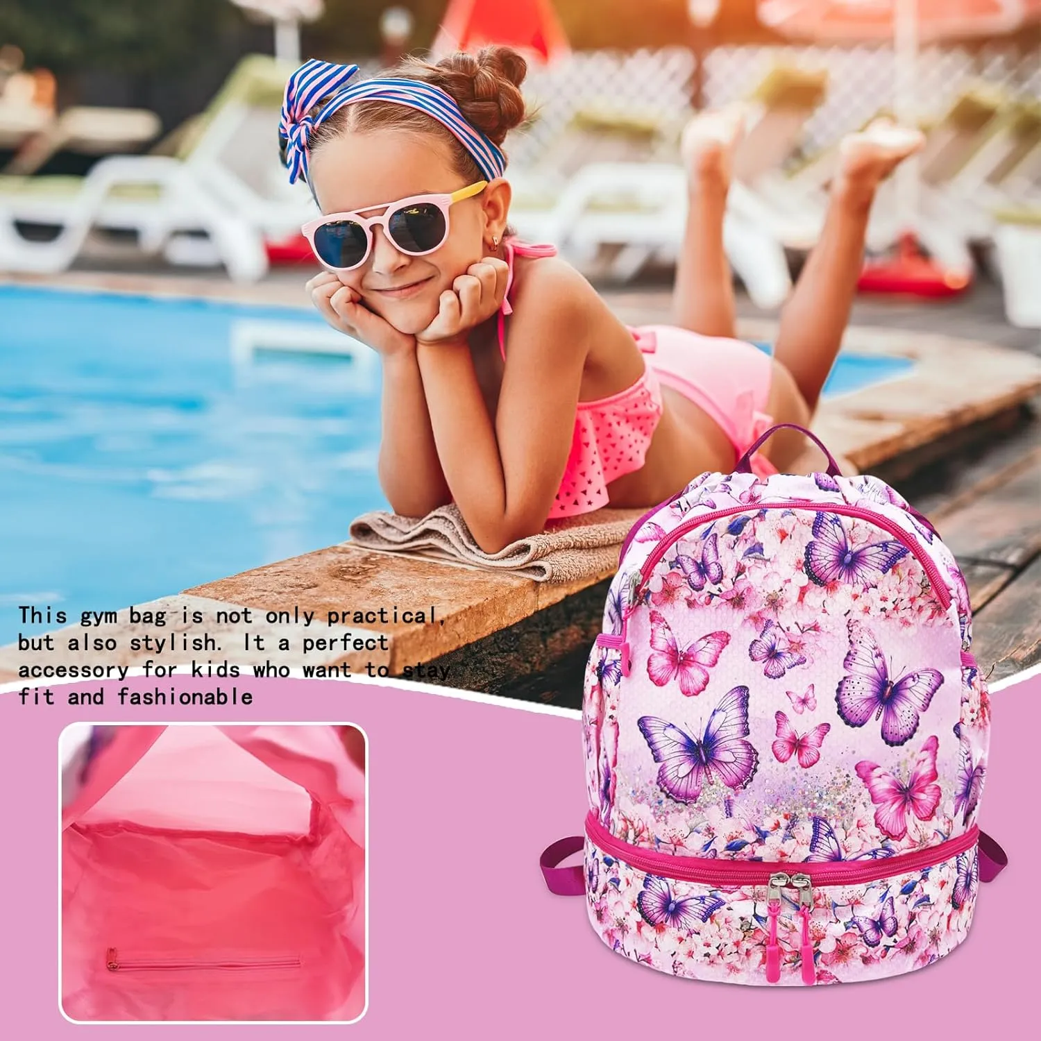 RLGPBON Drawstring Backpack for Kids,Youth Gym Dance Beach Swim Travel Bag for Girls and Boys with Two Water Bottle Holders