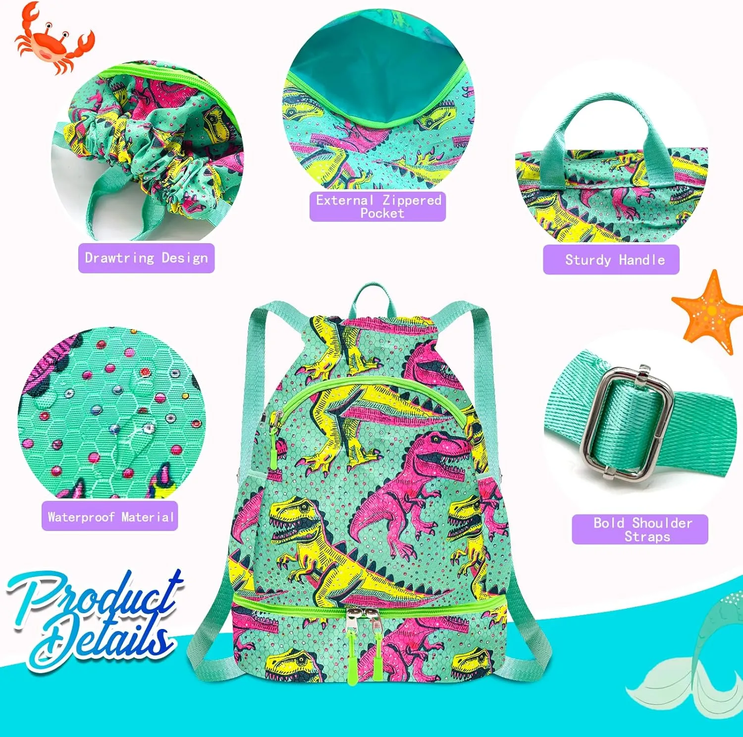 RLGPBON Drawstring Backpack for Kids,Youth Gym Dance Beach Swim Travel Bag for Girls and Boys with Two Water Bottle Holders